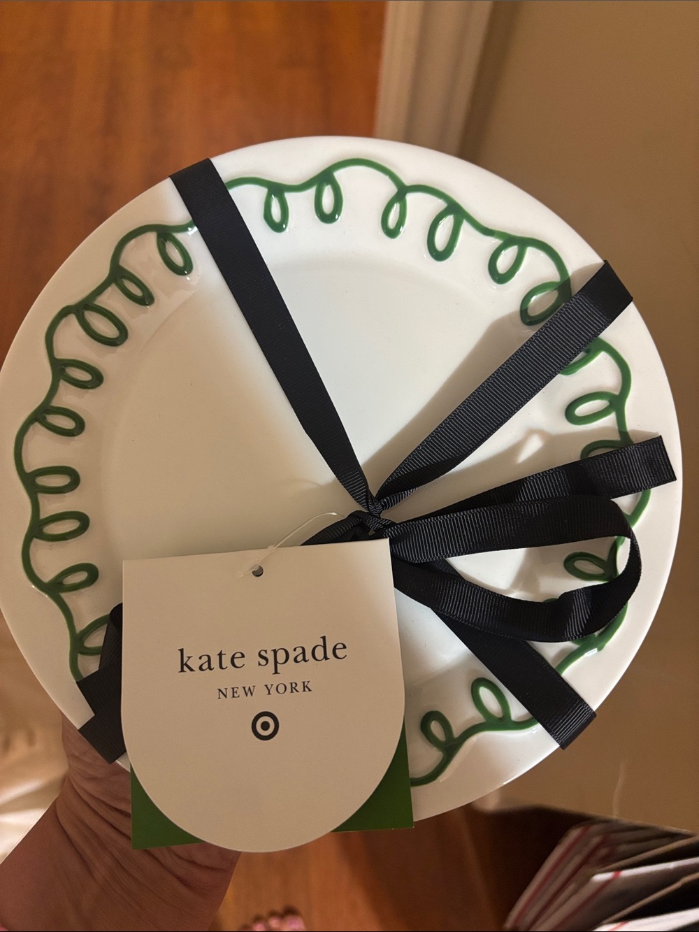 kate spade White Plate with Green Swirl and Black Ribbon